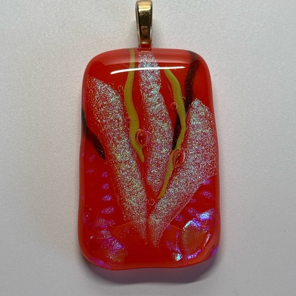 Handmade Orange Art Glass Pendant Dichroic Style Gold Tone Bail
